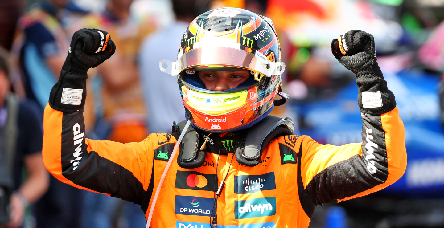 Image 408931074426 Oscar Piastri celebrating wearing helmet and Alpinestars gear