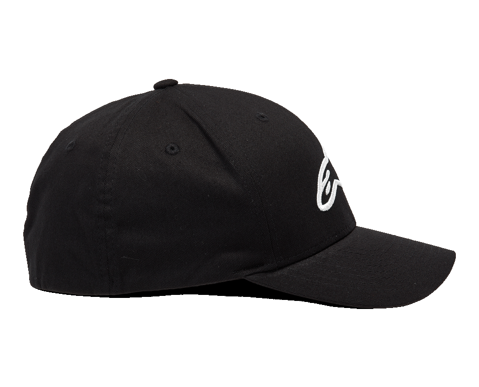 Alpinestars Ageless Curve Hat, Black and White, side profile showing curved bill and white 3D embroidered logo, casual sportswear