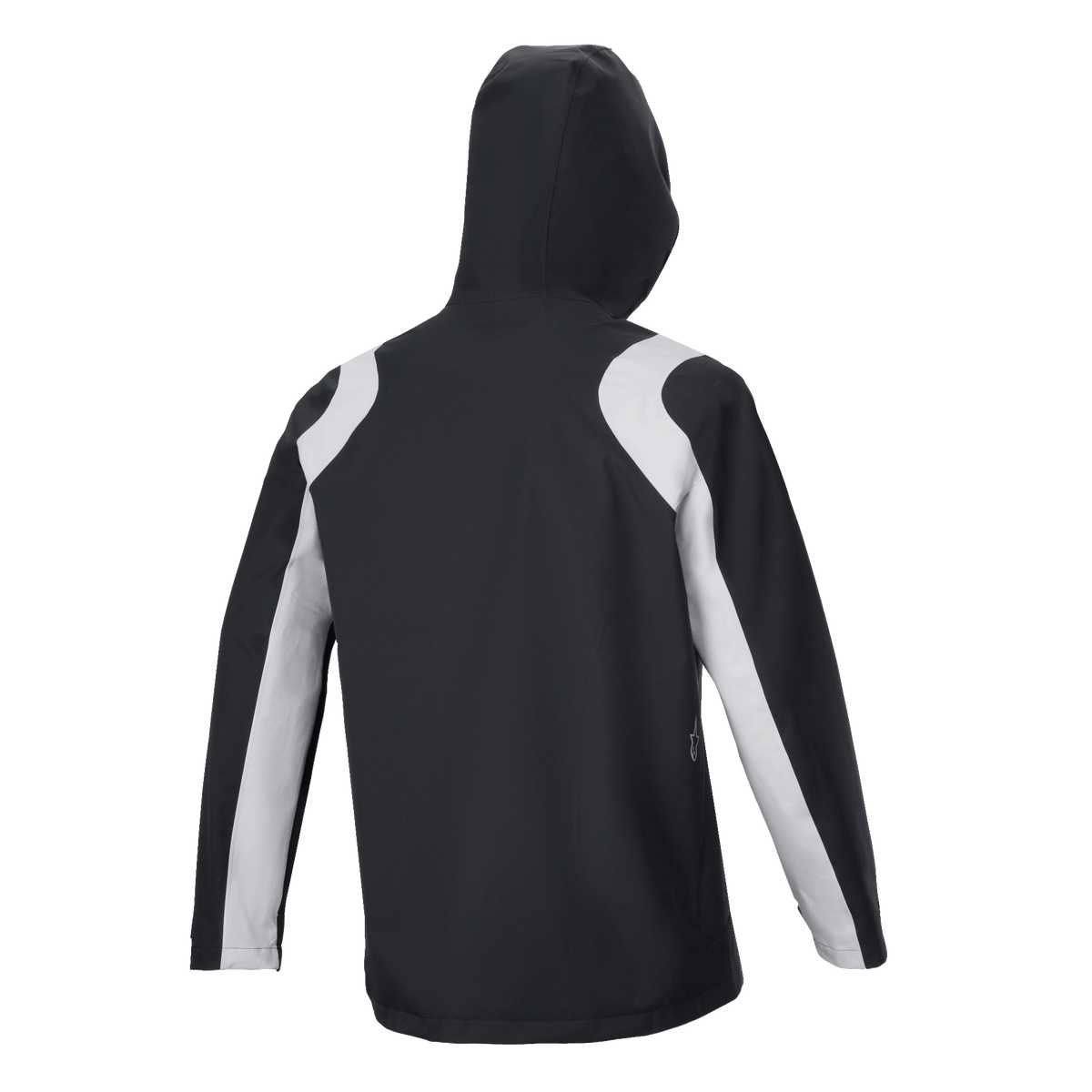 Alpinestars A-Dura Rain Jacket, Black and White, back view of hooded mountain bike rain jacket with light gray contrast panels on the shoulders and sleeves.