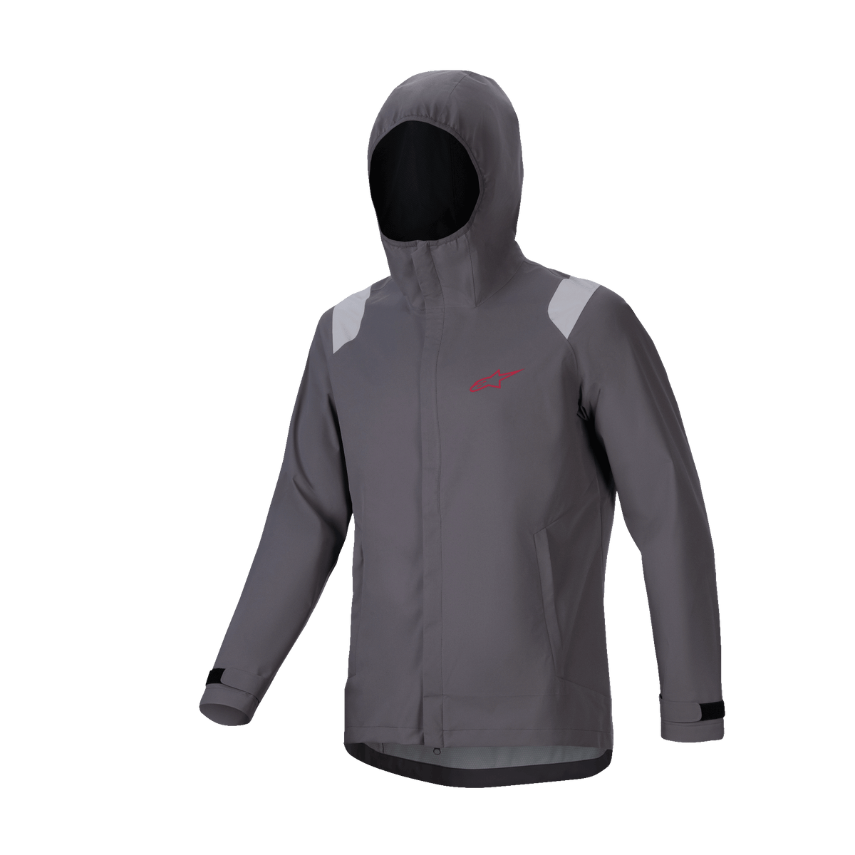 Alpinestars A-Dura Regenjacke, Mountainbike-Regenjacke, Dark Titanium Grau, Kapuzendesign mit rotem Stern-Logo, hellgraue Schulterdetails, verstellbare Klettverschluss-Bündchen, technische wasserfeste Performance-Ausrüstung für MTB.