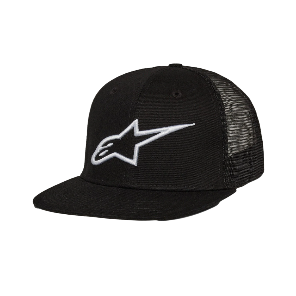 Alpinestars Corp Trucker Hat, Trucker-Kappe mit flachem Schirm, Schwarz, weißes 3D-gesticktes Alpinestars-Logo auf der Vorderseite, Mesh-Einsätze hinten, strukturierte Krone, lässige Motorsport-Streetwear