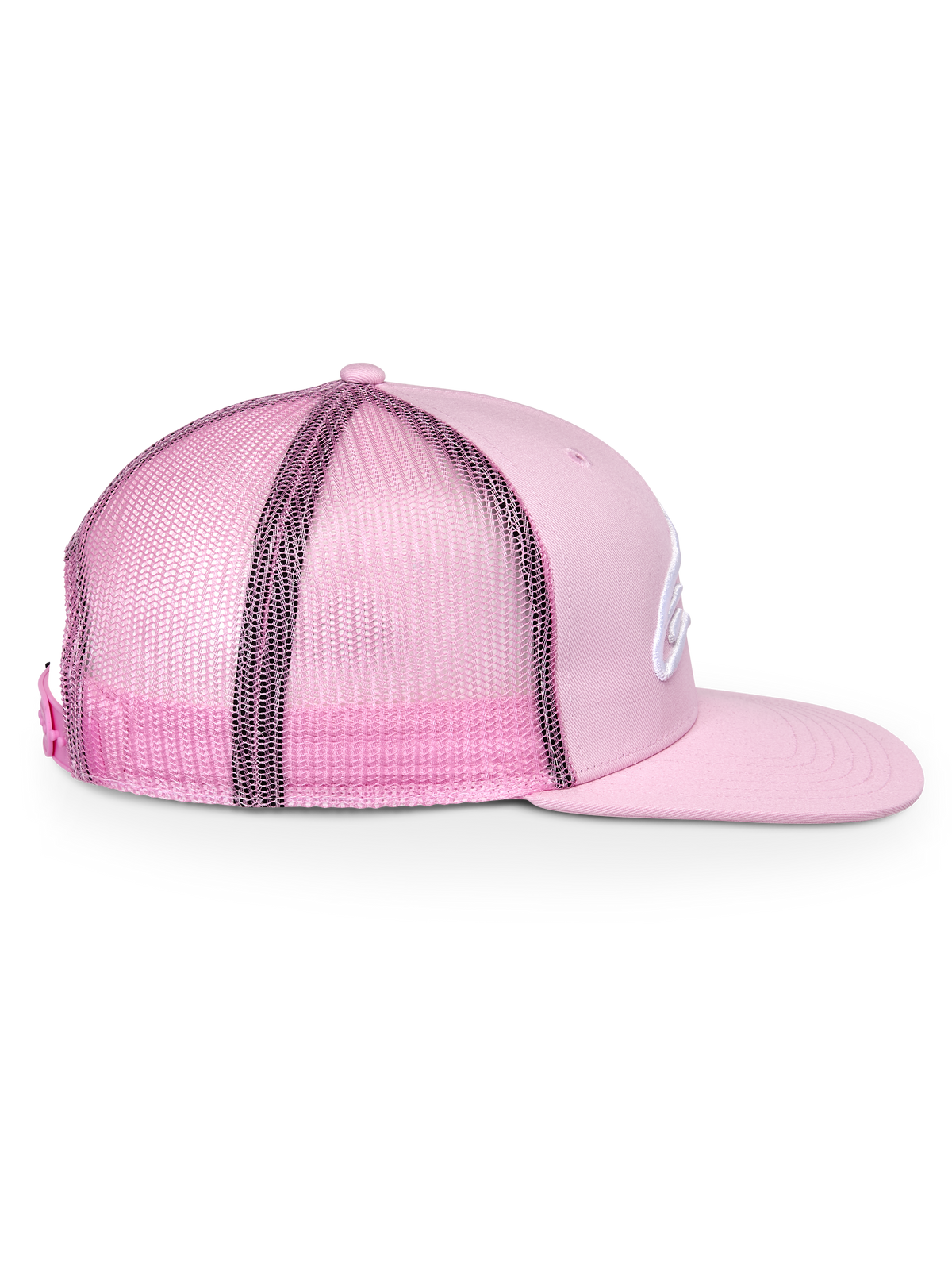 Alpinestars Corp Trucker Hat, Pink, side profile view, structured crown with flat bill, twill front and mesh back, adjustable snapback closure, casual sportswear headwear