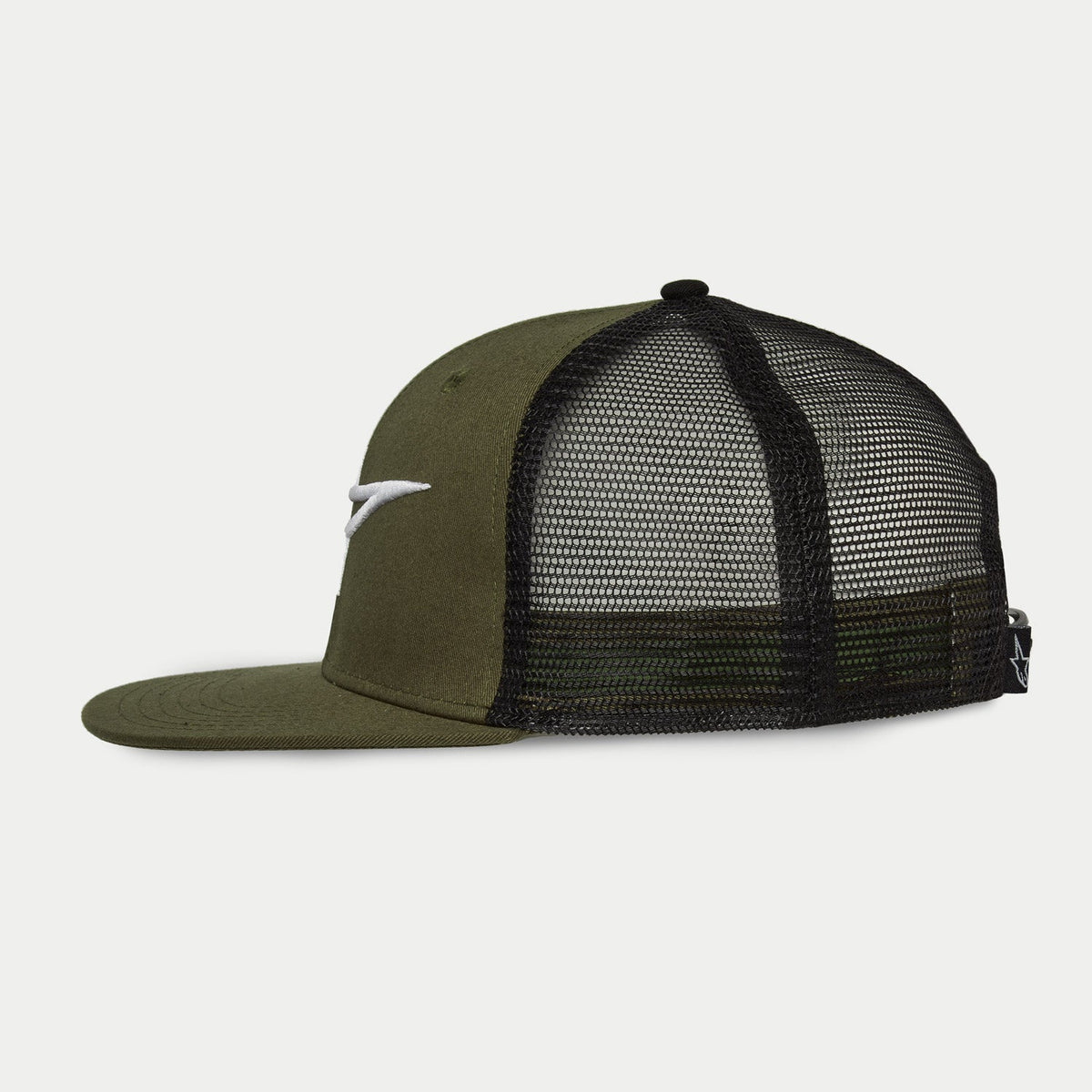 Alpinestars Corp Trucker Hat in Military Black, side profile view, olive green flat bill and structured crown with white 3D embroidered logo, black mesh back panels for ventilation