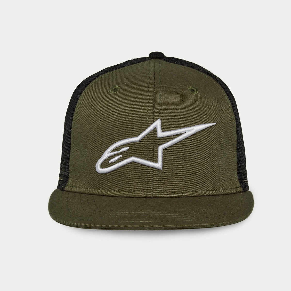 Alpinestars Corp Trucker Hat, Trucker-Kappe mit flachem Schirm, Vorderseite und Schirm in Military Green mit schwarzer Mesh-Rückseite, weißes gesticktes 3D-A-Star-Logo, strukturierte Krone, lässige Motorsport-Kopfbedeckung