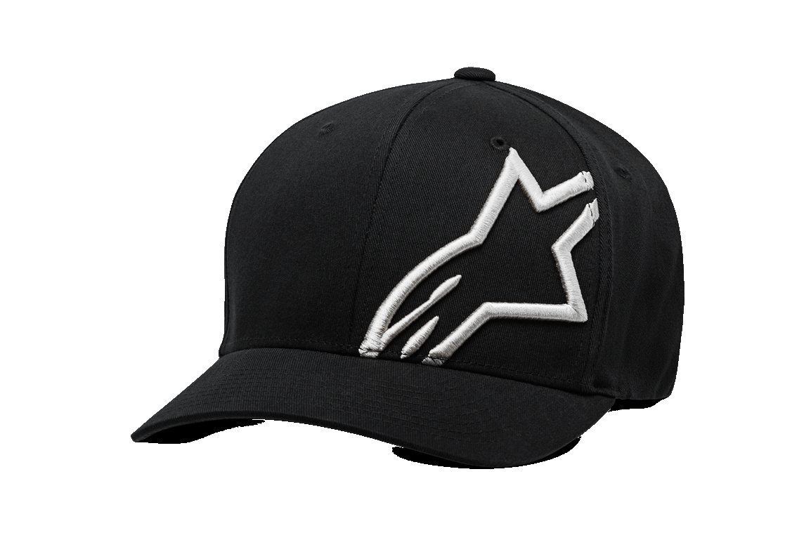 Alpinestars Corp Shift 2 Curved Bill Hat, schwarze Baseballkappe, großes weißes gesticktes Logo vorne links, gebogener Schirm, Flexfit Sportbekleidung Kopfbedeckung