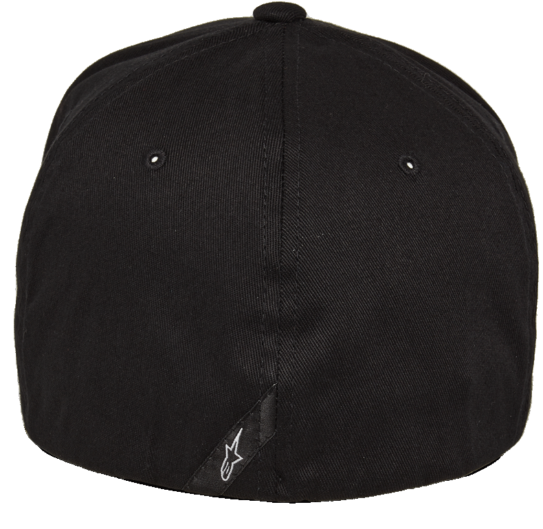 Alpinestars Corp Shift 2 Curved Brim Hat, Black, Rear View featuring small white Astars logo on diagonal suede label, Flexfit casual motorsport-inspired headwear