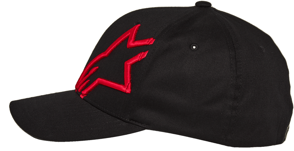 Alpinestars Corp Shift 2 Curved Brim Hat, Black with Red Embroidered Star Logo, Side Profile, Curved Brim Flexfit Baseball Cap, Casual Motorsport Sportswear