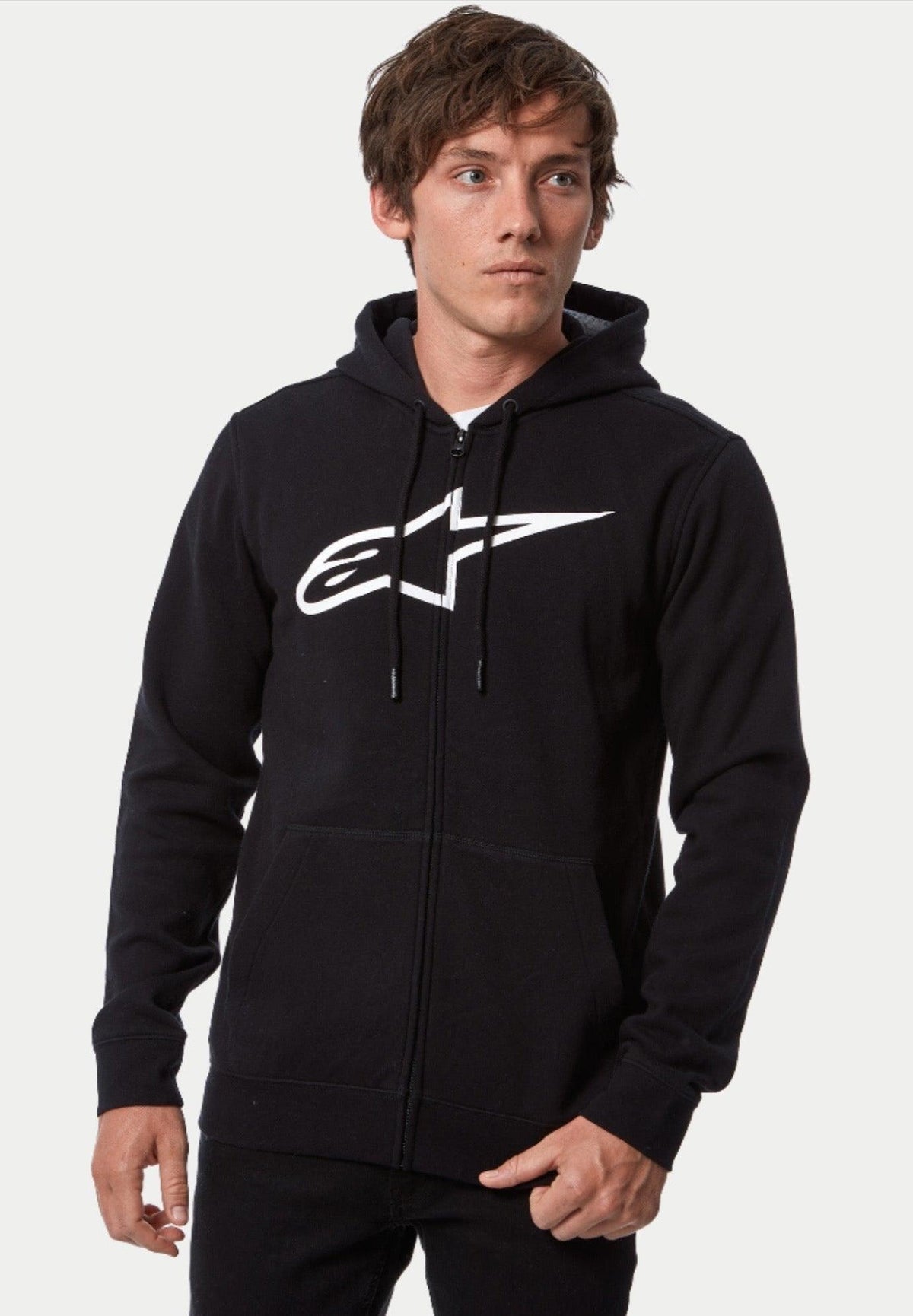 Alpinestars Ageless Zip V3 Hoodie, Zip Front Hoodie, Black and White, featuring a large white Alpinestars chest logo, drawstring hood, and full-zip closure, casual lifestyle streetwear