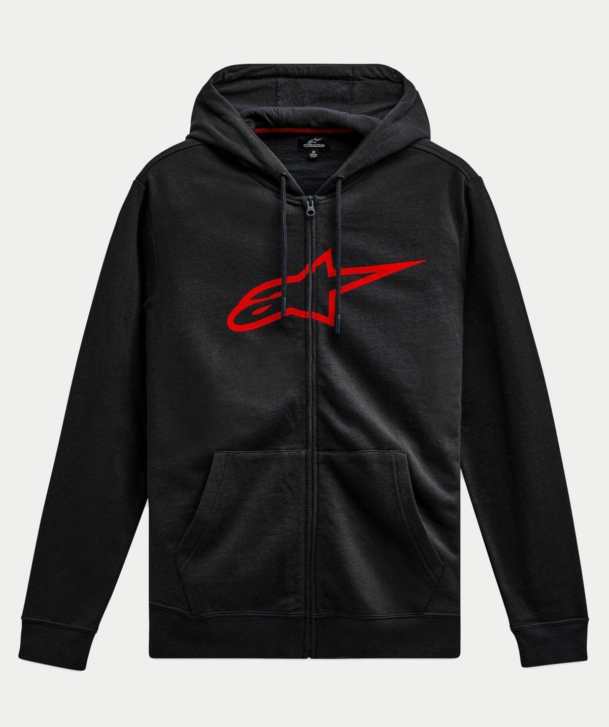 Alpinestars Ageless Zip V3 Hoodie, lässige Streetwear, Schwarz mit großem rotem Alpinestars-Logo auf der Brust, durchgehender Reißverschluss vorne, Kapuze mit Kordelzug, lange Ärmel, Rippbündchen an Ärmeln und Saum