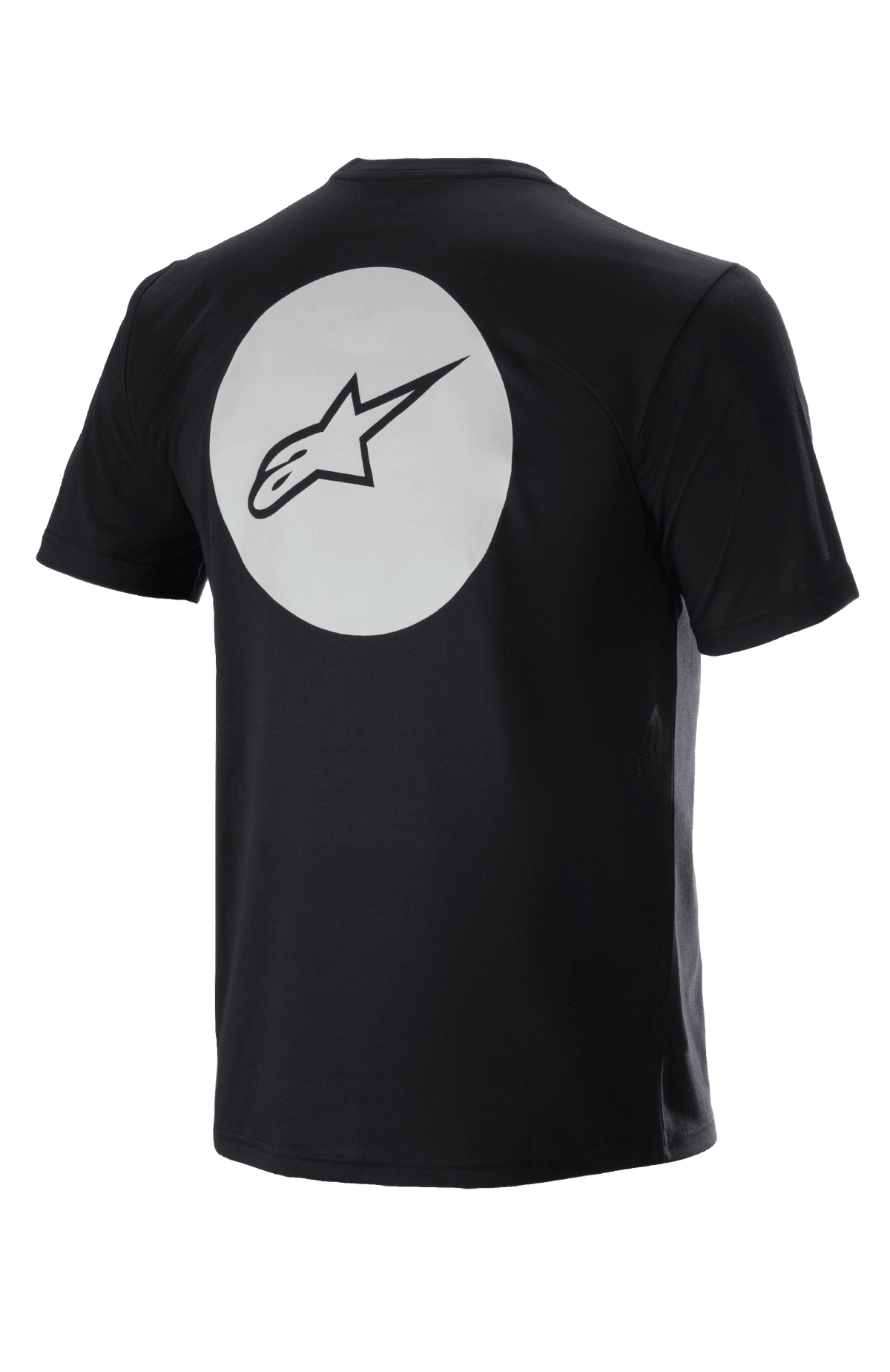 Alpinestars Dot Tech Tee, kurzärmeliges Fahrradtrikot, Schwarz, Rückansicht mit großem weißem Kreis und schwarzem A-star-Logo, feuchtigkeitsableitendes DriRelease-Gewebe zum Mountainbiken