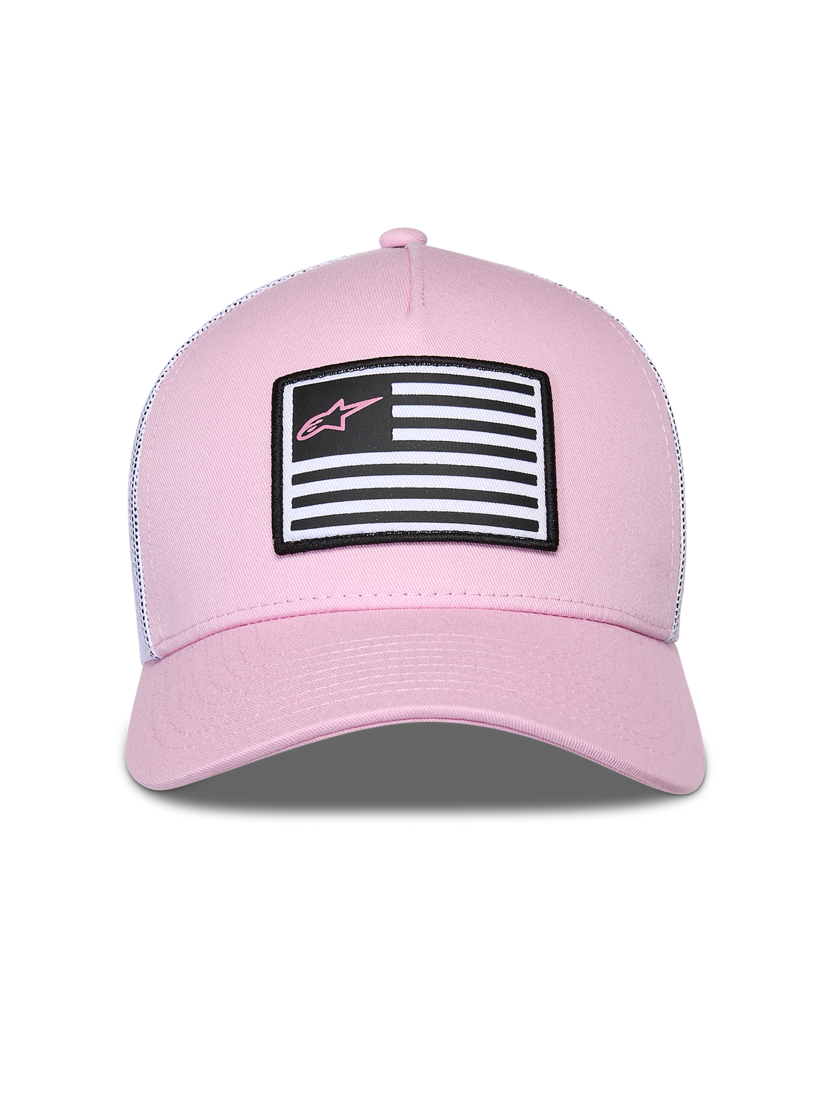 Alpinestars Flag Snapback Mütze, Rosa und Weiß, mit rosa Twill-Vorderseite und weißer Mesh-Rückseite, gebogener Schirm, Front-Aufnäher mit Flaggen-Design und rosa Astars-Logo, lässige Motorsport-Streetwear