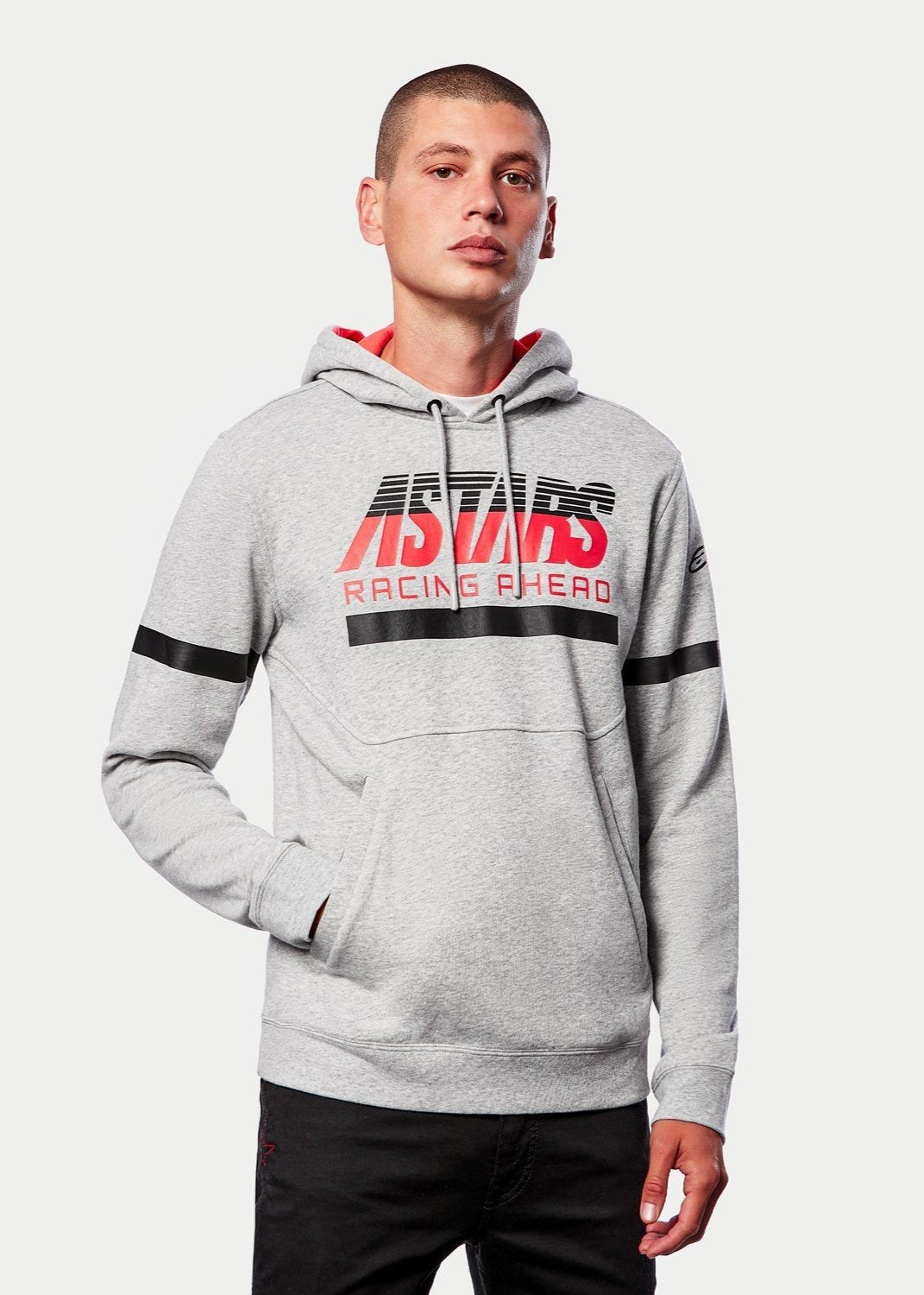 Alpinestars Club Hoodie, casual streetwear, grey heather with red jersey-lined hood, ASTARS RACING AHEAD graphic, black horizontal stripes on chest and sleeves, motorsport-inspired fleece pullover