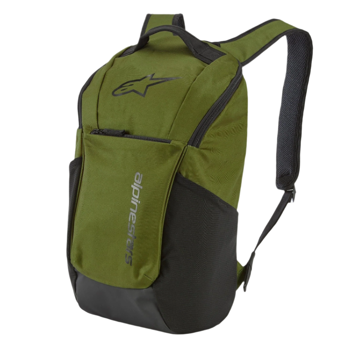 Alpinestars Defcon V2 Rucksack, Sportrucksack, Militärgrün mit schwarzen Akzenten, mit Astar-Logo und vertikalem Branding, seitlichen Netztaschen und gepolsterten Airmesh-Schultergurten