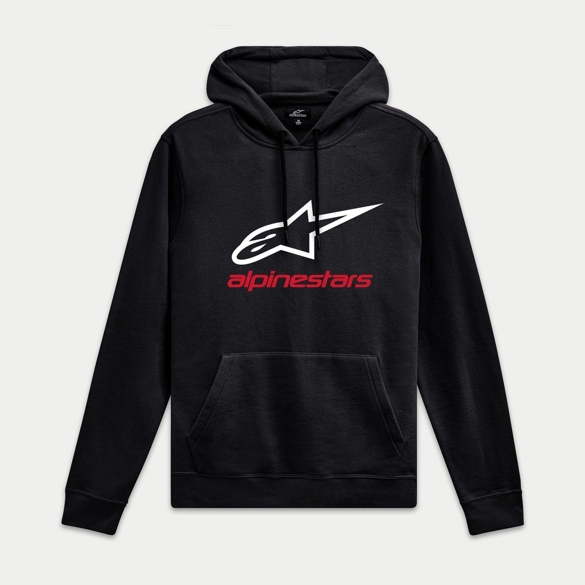 Alpinestars Always V3 Hoodie, Black, Pullover Fleece with White Star Logo and Red Branding, Casual Motorsport Streetwear, Ribbed Cuffs and Hem