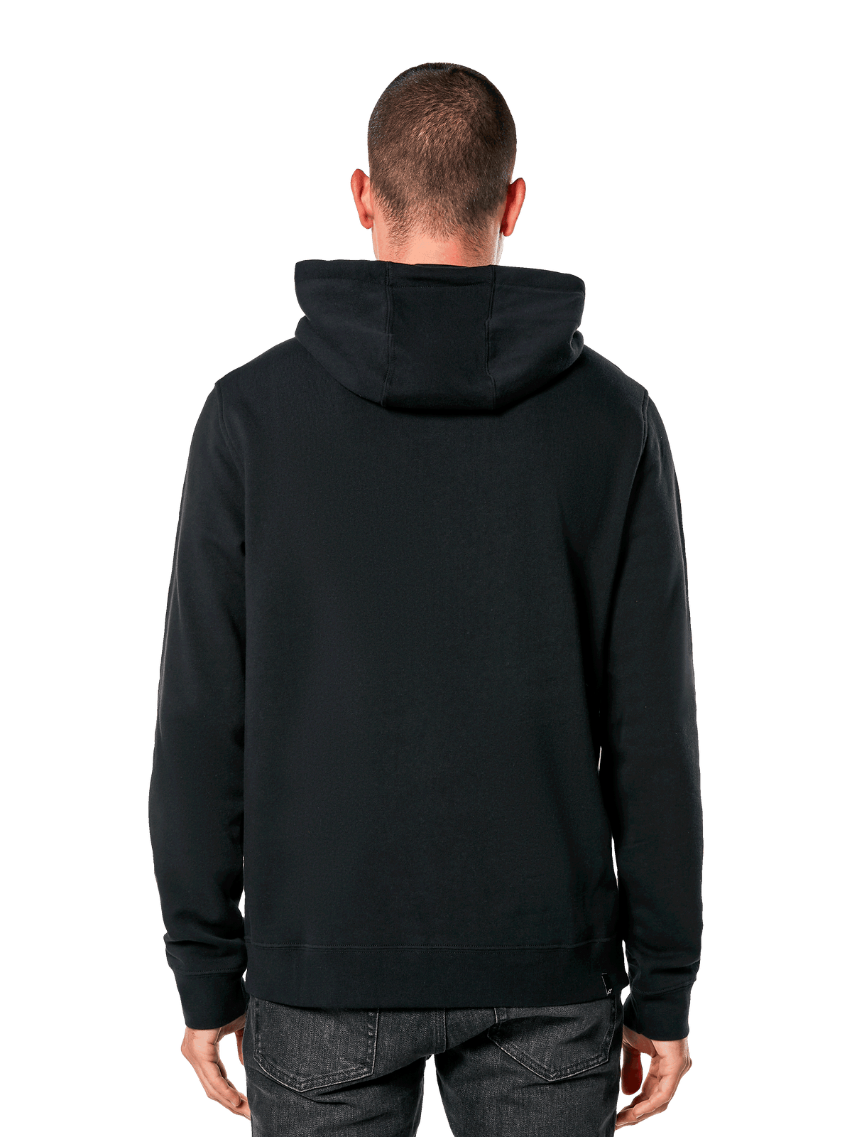 Alpinestars Blaze V3 Kapuzenpullover, Rückansicht eines Mannes in schwarzem Hoodie, Rippbündchen und Saum, Kapuze mit Jersey-Futter, lässige vom Motorsport inspirierte Streetwear
