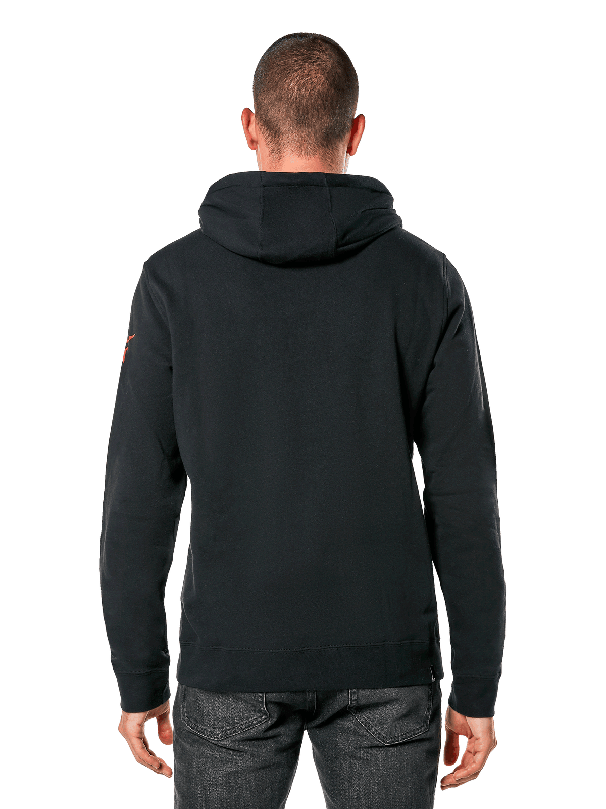 Alpinestars Linear Wordmark V3 Hoodie, lässige Streetwear, schwarzer Kapuzenpullover in der Rückansicht, rotes Logo am Ärmel, Rippbündchen und Saum, modernes vom Motorsport inspiriertes Design