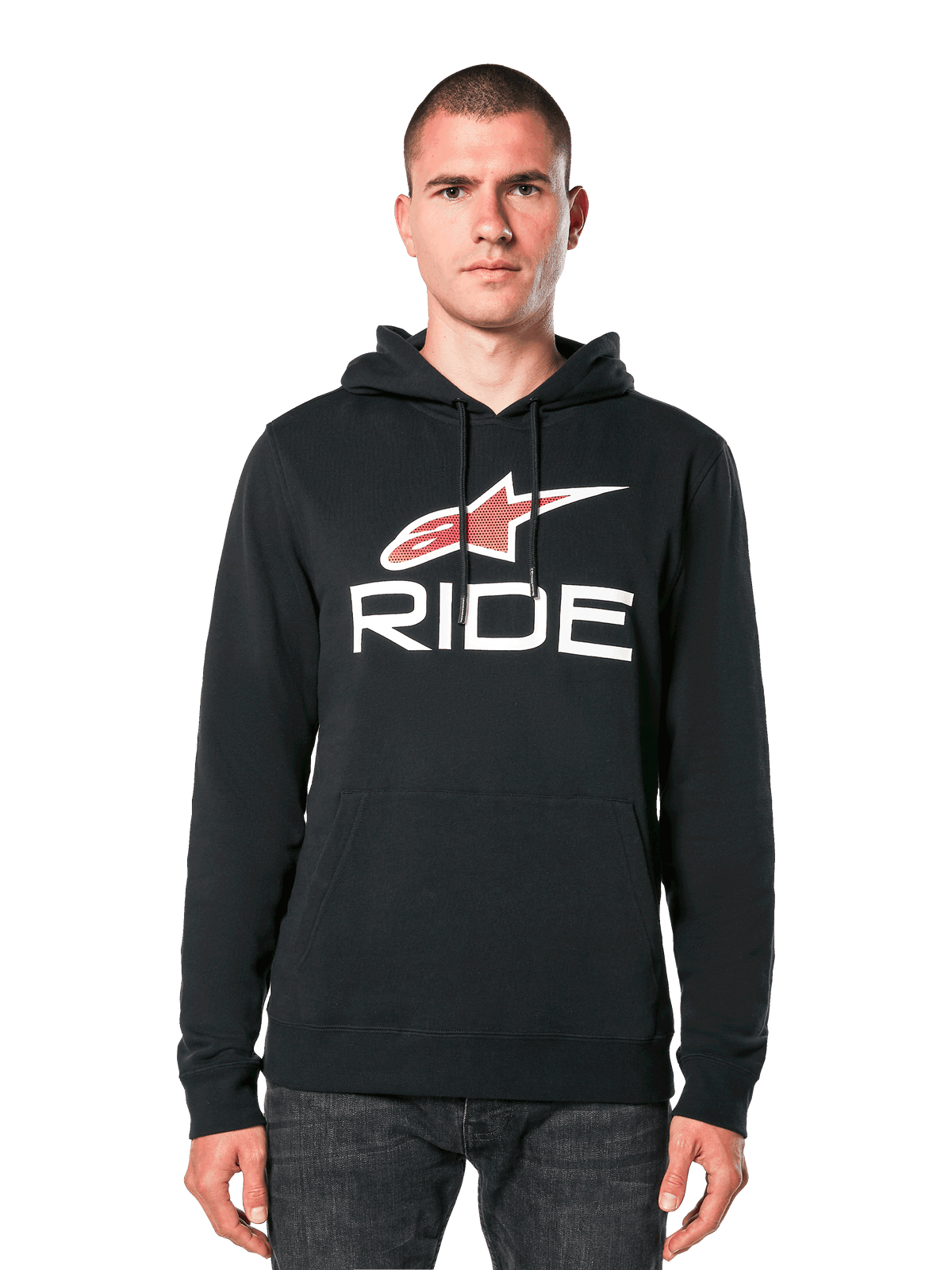 Alpinestars Ride 4.0 Hoodie, Schwarz mit rot-weißem Stern-Logo und „RIDE“-Schriftzug, Fleece-Kapuzenpullover mit Kordelzug und Kängurutasche, lässige Motorsport-inspirierte Bekleidung