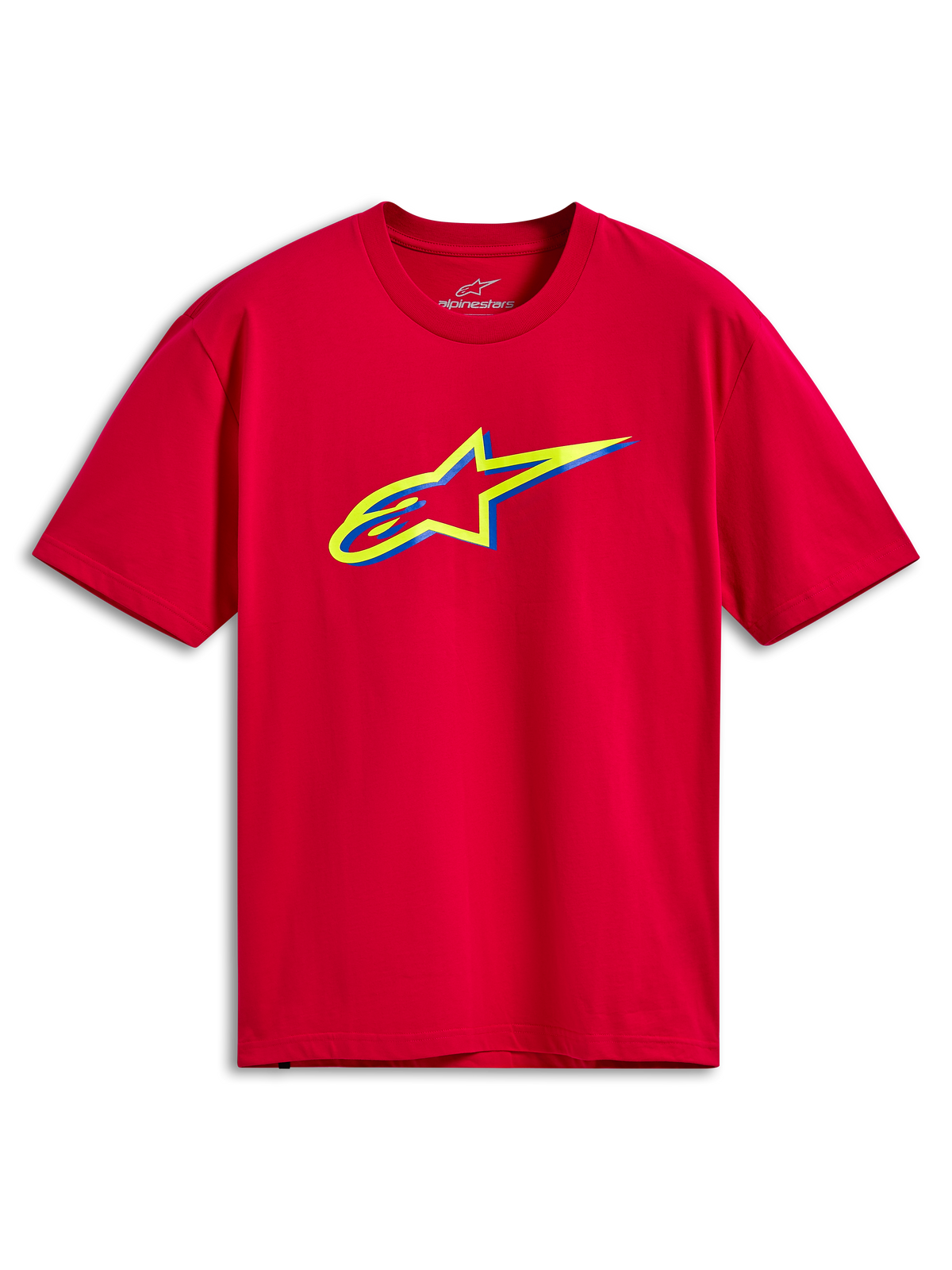 Alpinestars Ageless Shadow CSF Tee, Kurzarm-T-Shirt, Rot, mit einer gelben und blauen mehrschichtigen Ageless-Logo-Grafik auf der Brust, lässige Motorsport-Streetwear