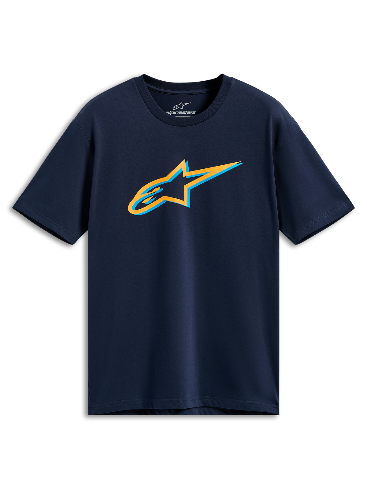 Alpinestars Ageless Shadow CSF Tee, Kurzarm-T-Shirt, Marineblau, orangefarbenes und hellblaues Ageless Shadow Logo auf der Brust, lässige Sportbekleidung