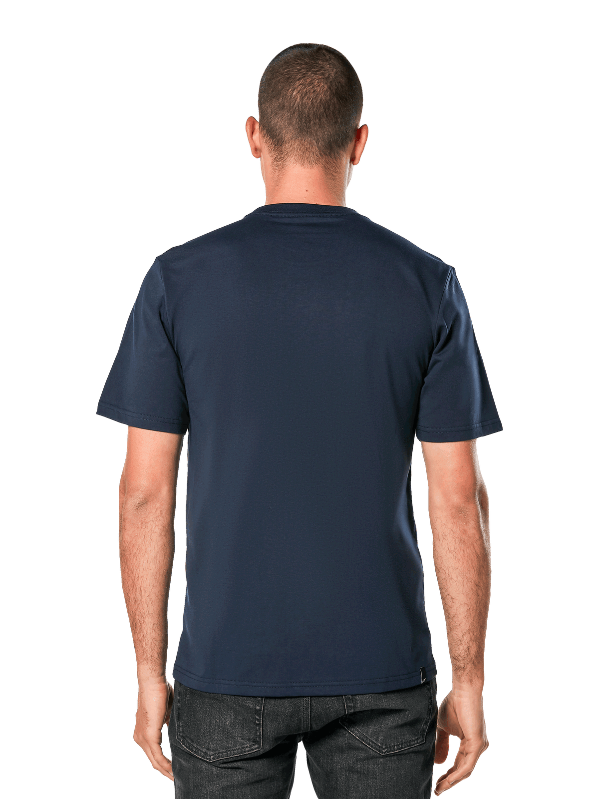 Alpinestars Blaze 2.0 CSF Tee, Kurzarm-T-Shirt, Navyblau, Rückansicht am Modell, lässige, vom Motorsport inspirierte Streetwear