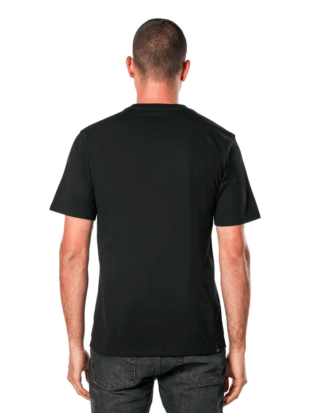 Alpinestars Ride 4.0 CSF Tee, Rückansicht, schwarzes Kurzarm-T-Shirt, lässige, vom Motorsport inspirierte Sportbekleidung, getragen von einem Mann mit dunkler Jeans