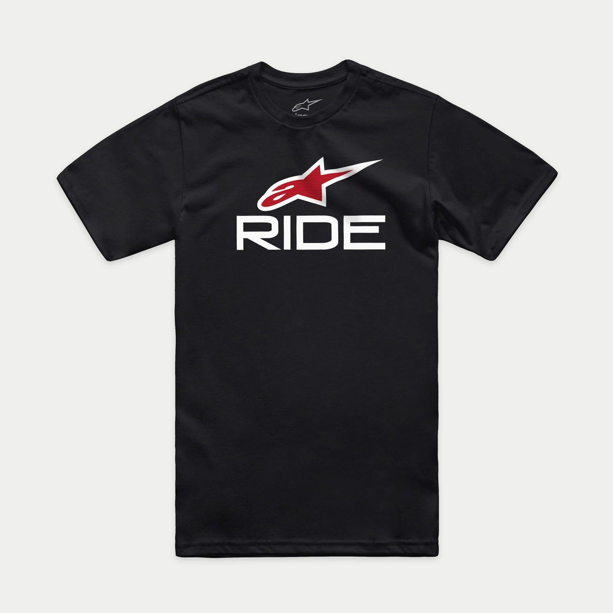 Alpinestars Ride 4.0 CSF Tee, Kurzarm-T-Shirt, Schwarz, rotes Alpinestars-Logo und weißer RIDE-Schriftzug, lässige Motorsport-Streetwear