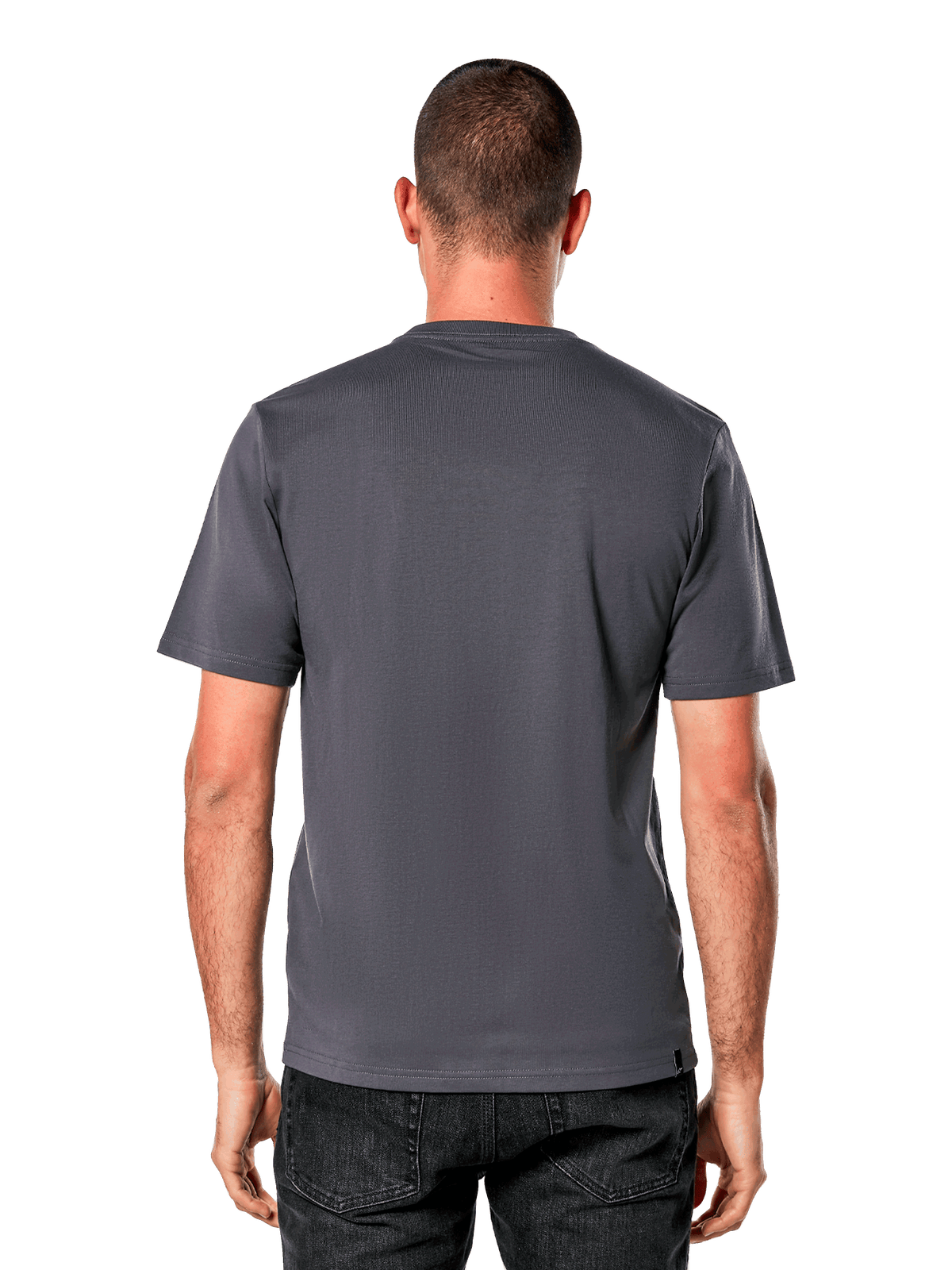 Alpinestars Ride 4.0 CSF Tee, Rückansicht, kurzärmeliges T-Shirt, Charcoal, schlichtes Design auf der Rückseite mit Cut-and-Sew-Passform, kombiniert mit schwarzen Jeans, lässige, vom Motorsport inspirierte Streetwear