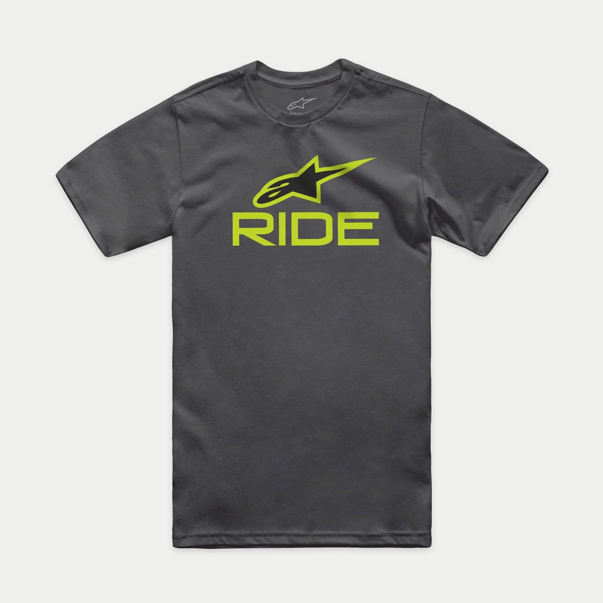 Alpinestars Ride 4.0 CSF Tee, kurzärmeliges T-Shirt, Anthrazit, limettengrünes und schwarzes Astars-Logo mit RIDE-Schriftzug, lässige Motorsport-Sportbekleidung