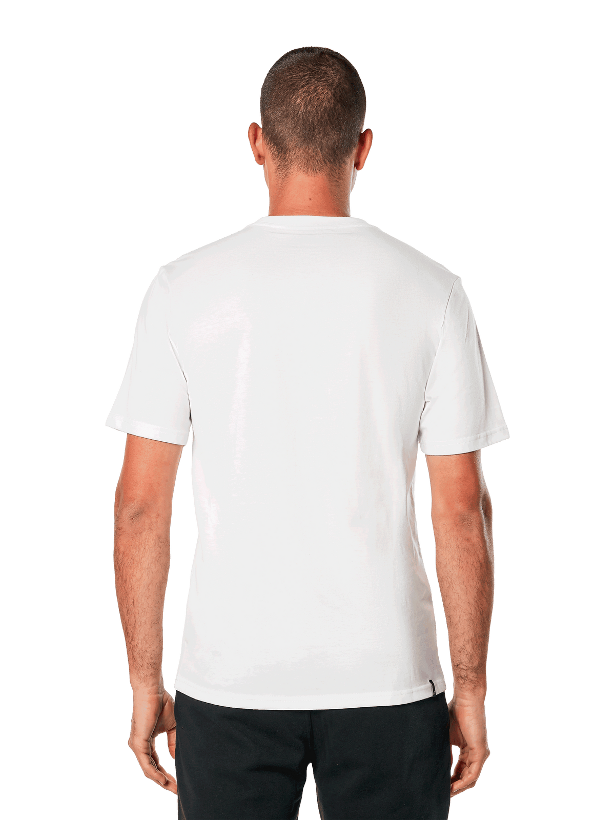 Alpinestars MX Helmet CSF Tee, Kurzarm-T-Shirt, Weiß, Rückansicht, getragen mit schwarzer Hose, lässiges, vom Motorsport inspiriertes Design