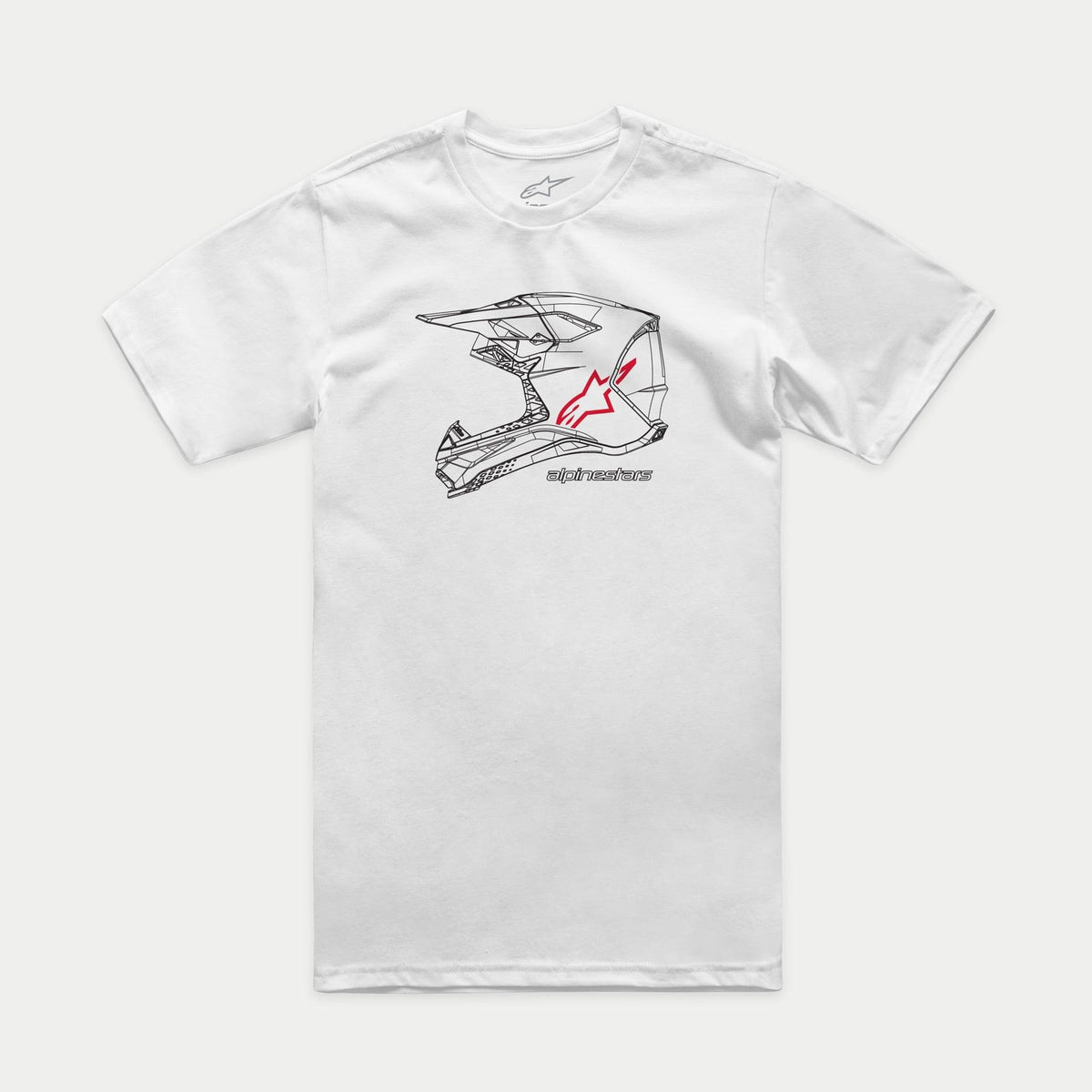 Alpinestars MX Helmet CSF Tee, Kurzarm-T-Shirt, Weiß, Schwarze Motocross-Helm-Grafik auf der Vorderseite mit rotem Stern-Logo und Alpinestars Schriftzug, Lässige motorsport-inspirierte Sportbekleidung