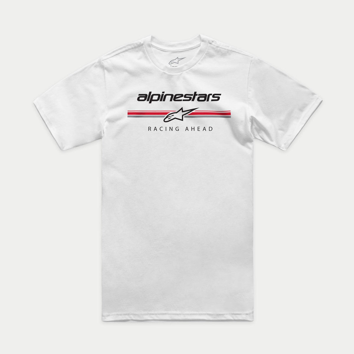 Alpinestars Betteryet CSF Tee, Kurzarm-T-Shirt, Weiß, Logo-Grafik im Paddock-Stil auf der Brust mit roten und grauen Streifen sowie „Racing Ahead“-Schriftzug, lässige Motorsport-Sportbekleidung