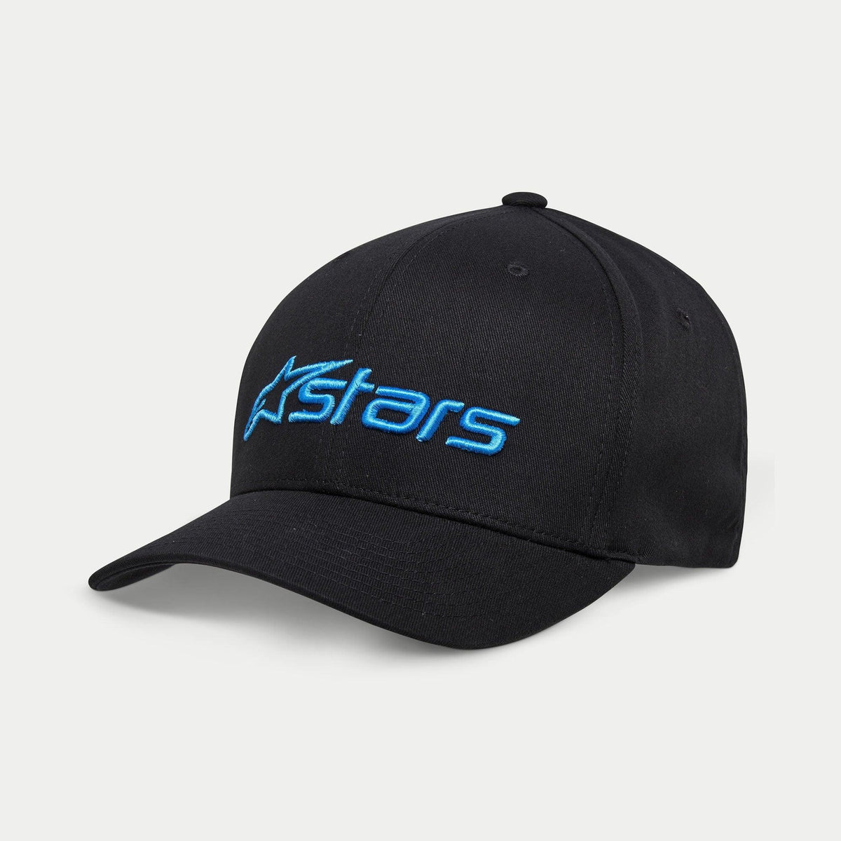 Alpinestars Blaze 2.0 Cap, Baseballkappe, Schwarz mit hellblauem Astars-Logo, gebogener Schirm und strukturierte Krone, lässiges Sport-Accessoire