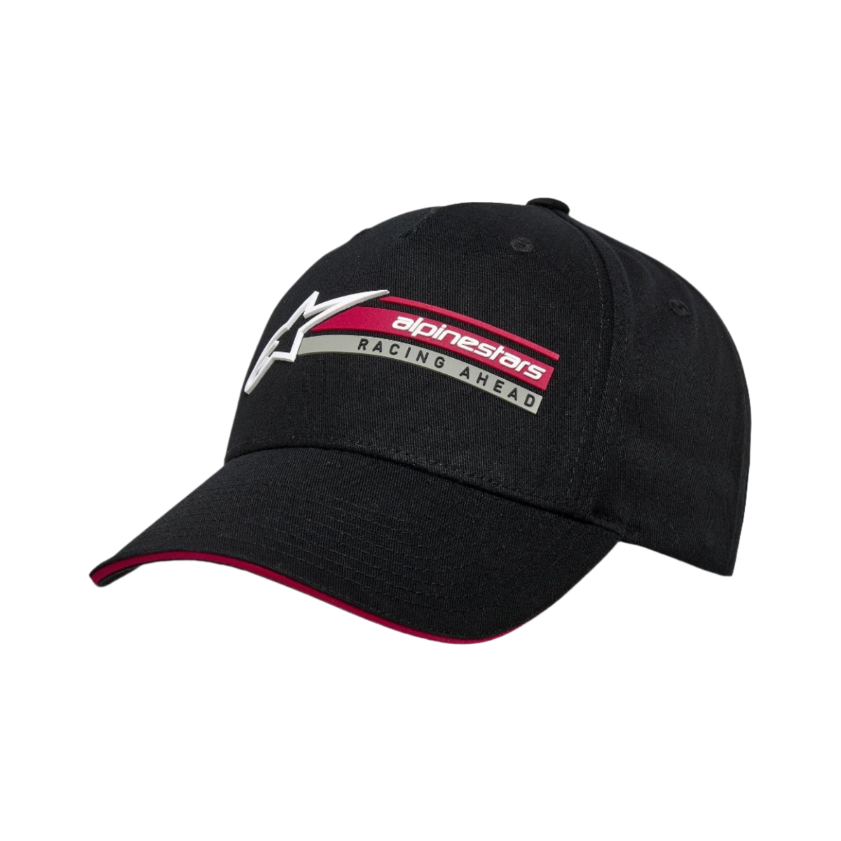 Alpinestars Par Mütze, schwarze Snapback-Cap, gebogener Schirm mit rotem Sandwich-Detail, seitliche 3D-Stickerei mit Alpinestars-Logo und „Racing Ahead“-Schriftzug, strukturierte, lässige Sportbekleidung