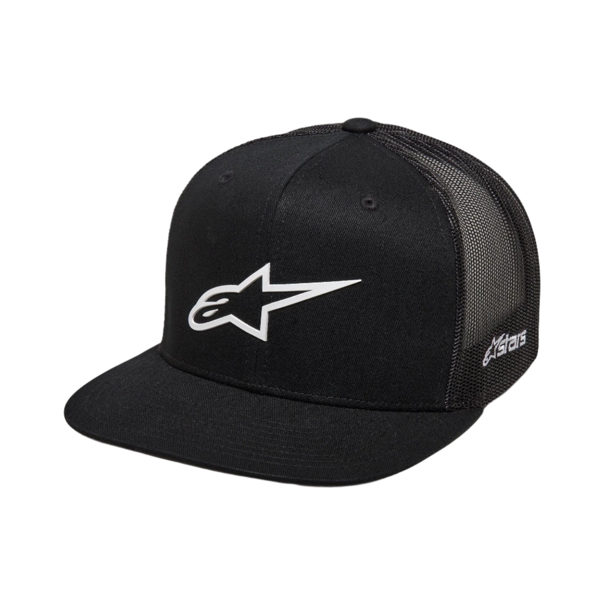 Alpinestars 3D Ageless Trucker Hat, Black with White Alpinestars Logo, Flat Bill, Structured Crown, Black Mesh Back, Casual Motorsport-Inspired Sportswear