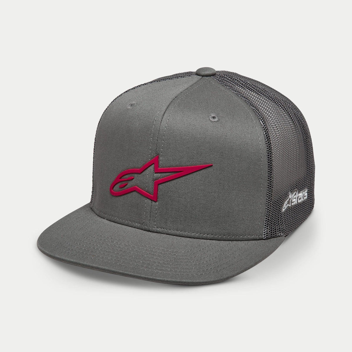 Alpinestars 3D Ageless Trucker Hat, Grey with Red logo, flat bill, structured crown, twill front with grey mesh back, 3D red embroidered logo, casual motorsport-inspired headwear