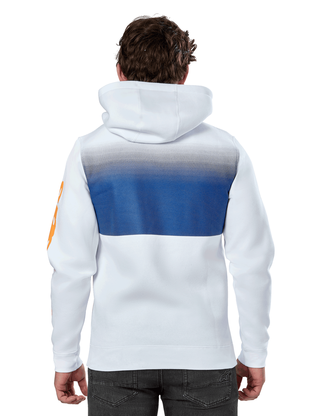 Alpinestars Specter Hoodie, Weiß, lässiger Streetwear-Hoodie mit blauem Farbverlauf-Druck auf dem Rücken, orangefarbenes Wortmarken-Logo auf dem Ärmel, Rückansicht
