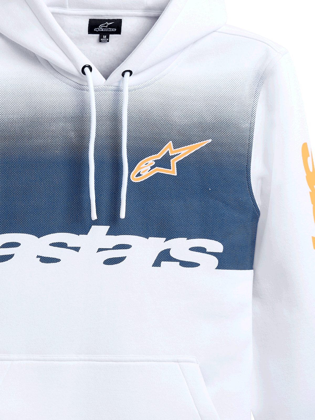Alpinestars Specter Hoodie, Weiß mit dunkelblauem Farbverlauf-Druck, orangefarbenes Alpinestars Stern-Logo und weißer Schriftzug, lässiger vom Motorsport inspirierter Streetwear-Fleece-Hoodie, Kapuze mit Kordelzug