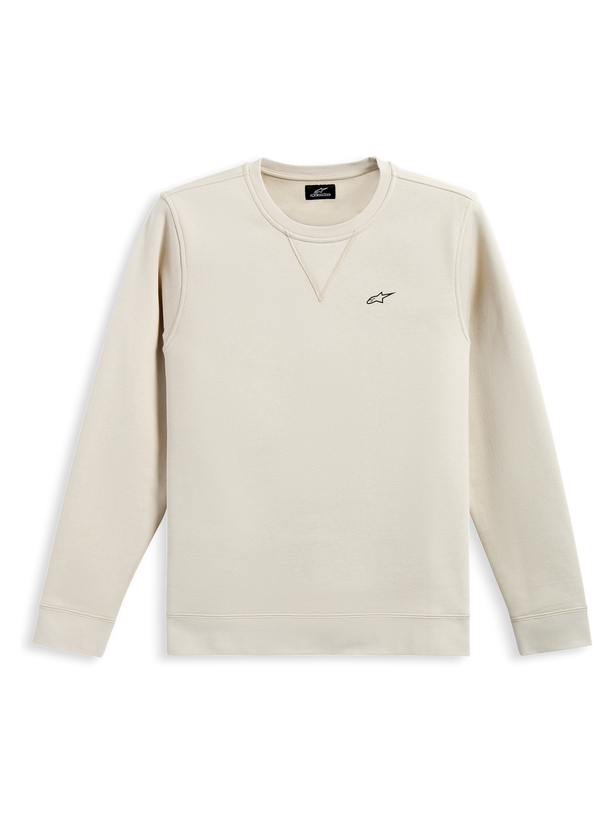 Alpinestars Positive Crew, Rundhals-Sweatshirt, Off-White, kleines schwarzes Alpinestars-Logo auf der Brust, gerippter Kragen mit V-Naht-Detail, Rippbündchen an Ärmeln und Saum, lässige vom Motorsport inspirierte Streetwear