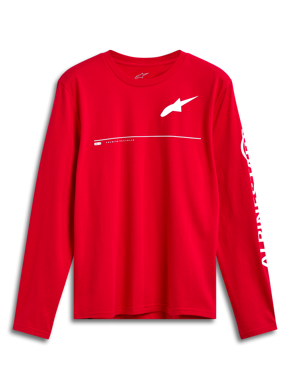 Alpinestars Committed CSF Tee, Langarm-T-Shirt, Rot, weißes Astars-Logo auf der Brust und Alpinestars-Schriftzug am Ärmel, lässiges vom Motorsport inspiriertes Design