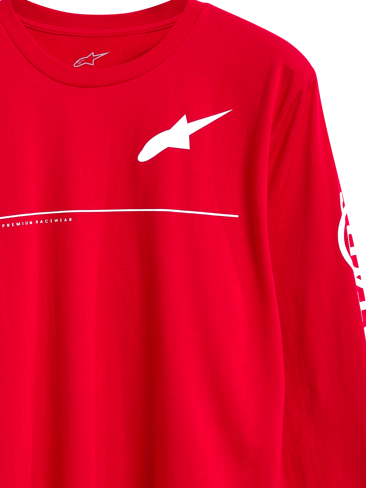 Alpinestars Committed CSF Tee, Langarm-T-Shirt, Rot, weißes Astars-Logo mit Premium Racewear-Schriftzug und horizontaler Linie, lässige Motorsport-Streetwear