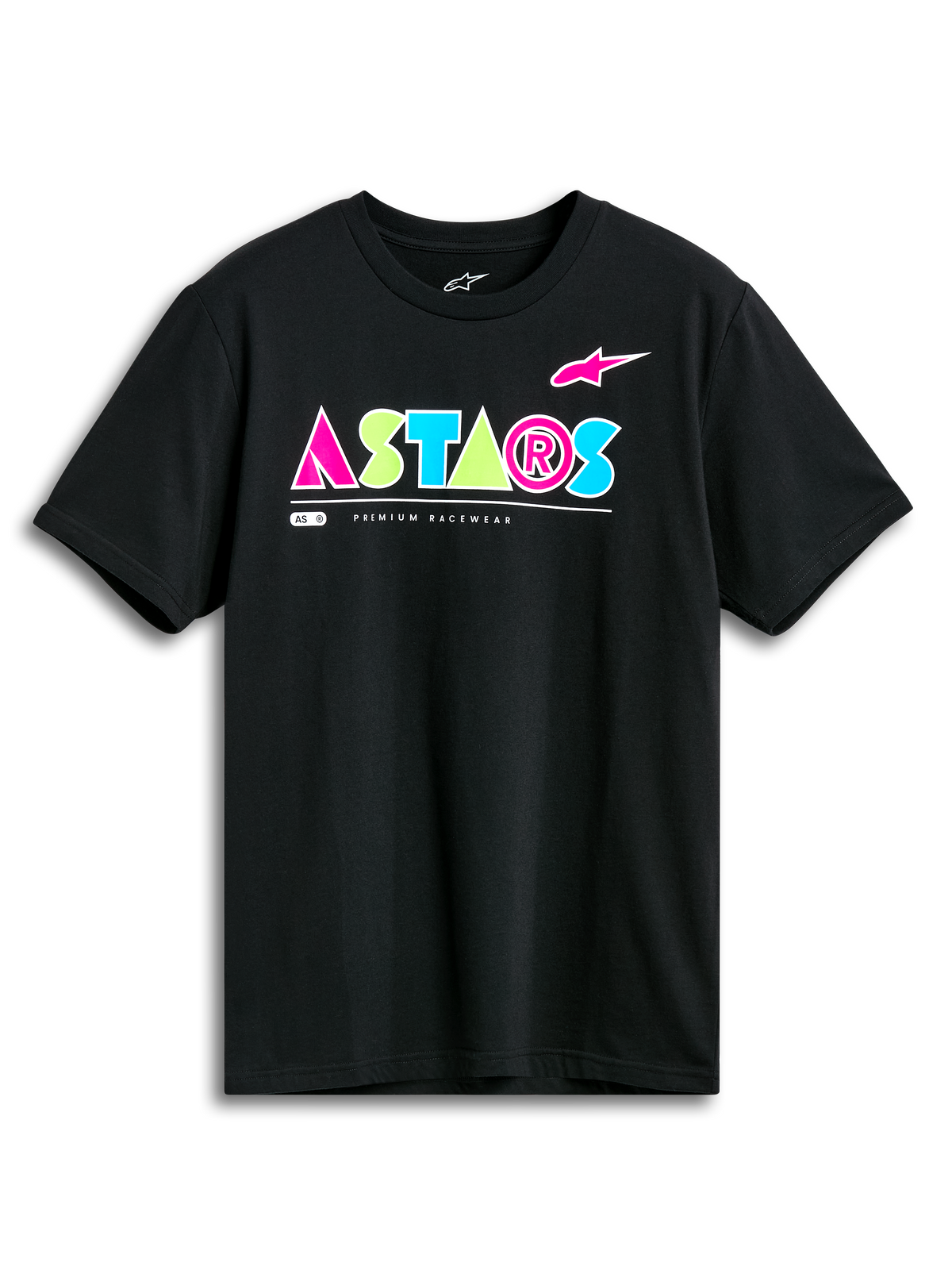 Alpinestars Cereal CSF Tee, Kurzarm-T-Shirt, Schwarz, auffälliges geometrisches ASTARS-Logo in Pink, Limettengrün und Hellblau, lässige Motorsport-Streetwear