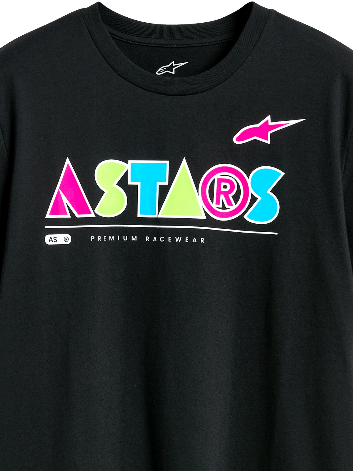 Alpinestars Cereal CSF Tee, Kurzarm-T-Shirt, Schwarz, farbenfrohes geometrisches ASTARS-Logo mit Akzenten in Pink, Grün und Blau, „Premium Racewear“-Schriftzug, lässige Motorsport-Streetwear