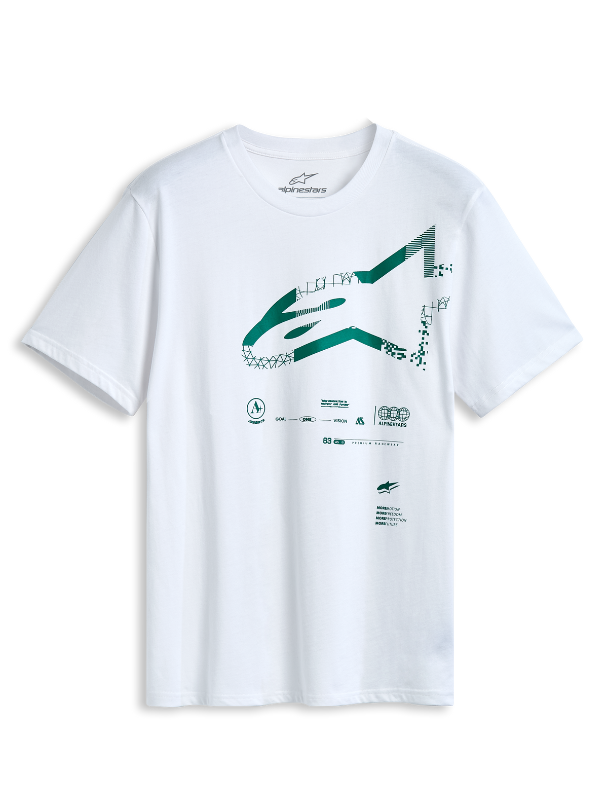 Alpinestars Geografica CSF T-Shirt, Kurzarm-T-Shirt, Weiß, grünes Astars-Logo auf der Vorderseite mit Multi-Tech-Grafik, Legere Motorsport-Sportbekleidung