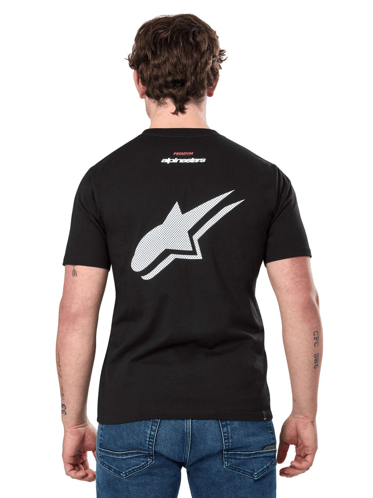 Alpinestars Formulate CSF Tee, Short Sleeve T-Shirt, Black, Back view showing large white perforated Astars logo and small Alpinestars branding, casual motorsport-inspired sportswear