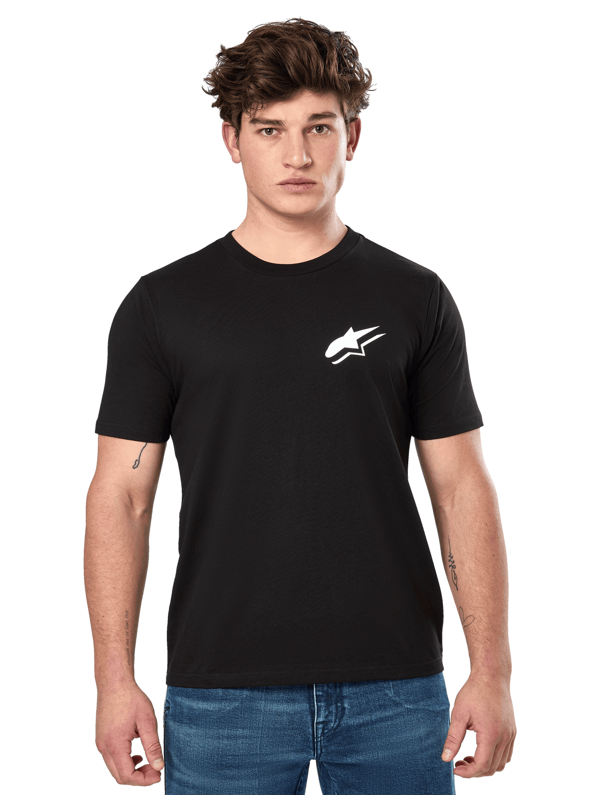 Alpinestars Formulate CSF Tee, Short Sleeve T-Shirt in Black, worn by a male model with blue jeans, featuring a white Astars logo on the chest, casual motorsport-inspired lifestyle apparel