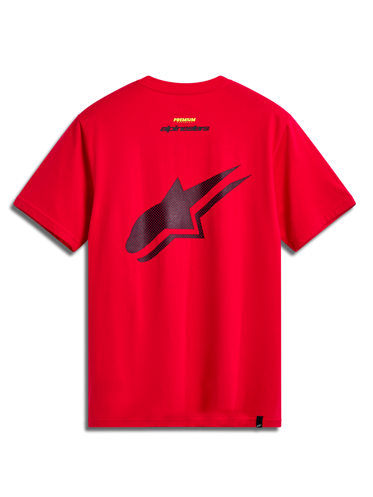 Alpinestars Formulate CSF T-Shirt, Kurzarm-T-Shirt, Rot, Rückansicht mit großem schwarzen perforierten Astars-Logo, sportliche Freizeitbekleidung im Motorsport-Stil