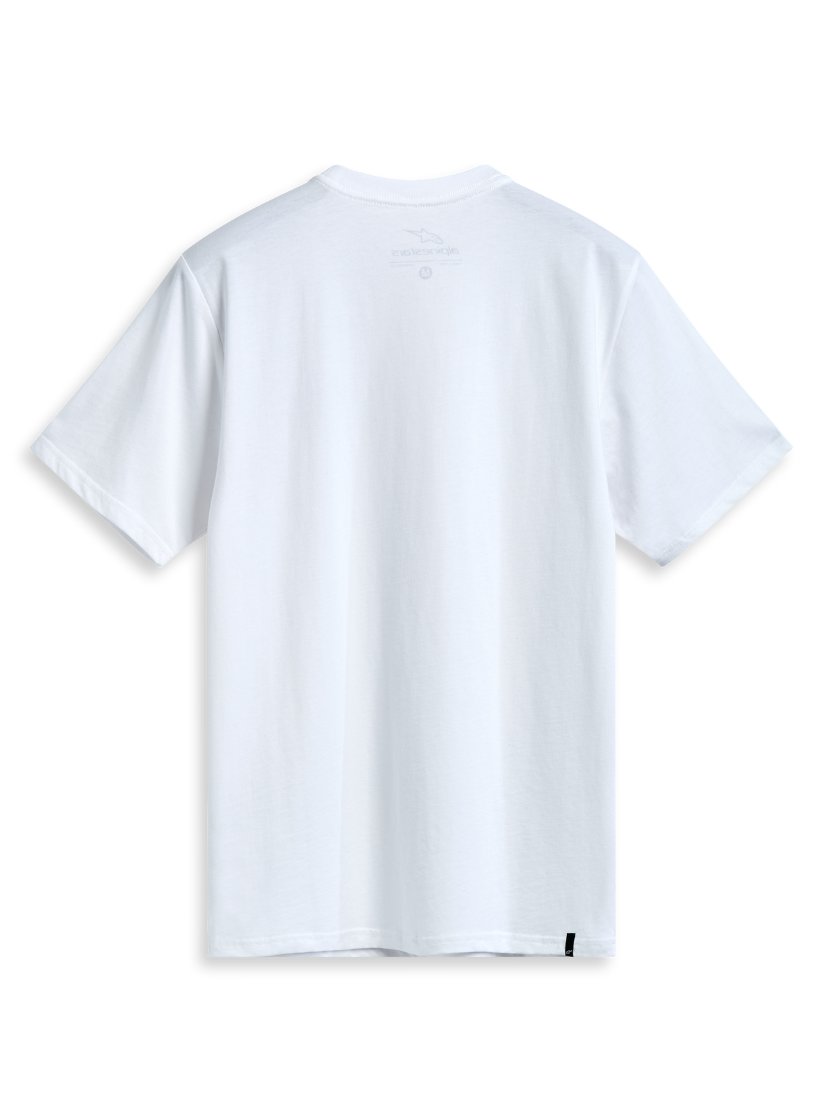 Alpinestars Dot Carbon Csf T-Shirt, weißes Kurzarm-Sportswear-T-Shirt, Rückansicht mit internem Nackendruck und externer Etikettierung.