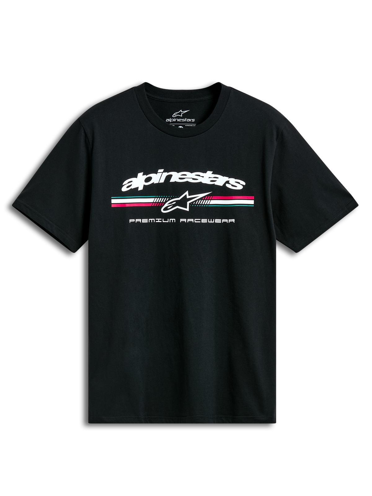 Alpinestars Prevail CSF T-Shirt, schwarzes Kurzarm-Sportswear-T-Shirt mit dreifarbigem Streifenlogo im Paddock-Stil auf der Front und weichem Handdruck.