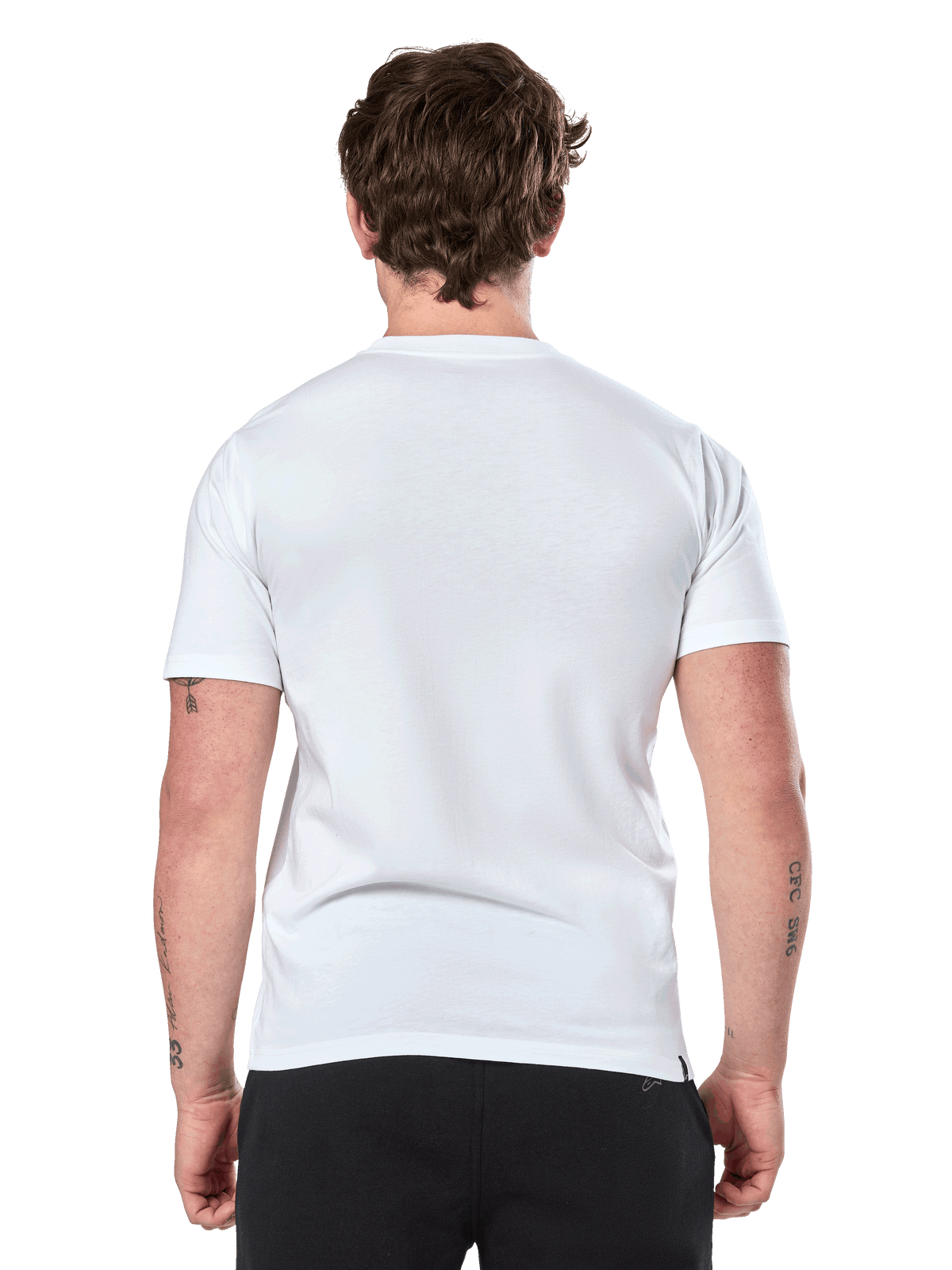 Alpinestars Prevail CSF Tee, Short Sleeve T-Shirt, White, Back View, worn with black pants, casual motorsport streetwear