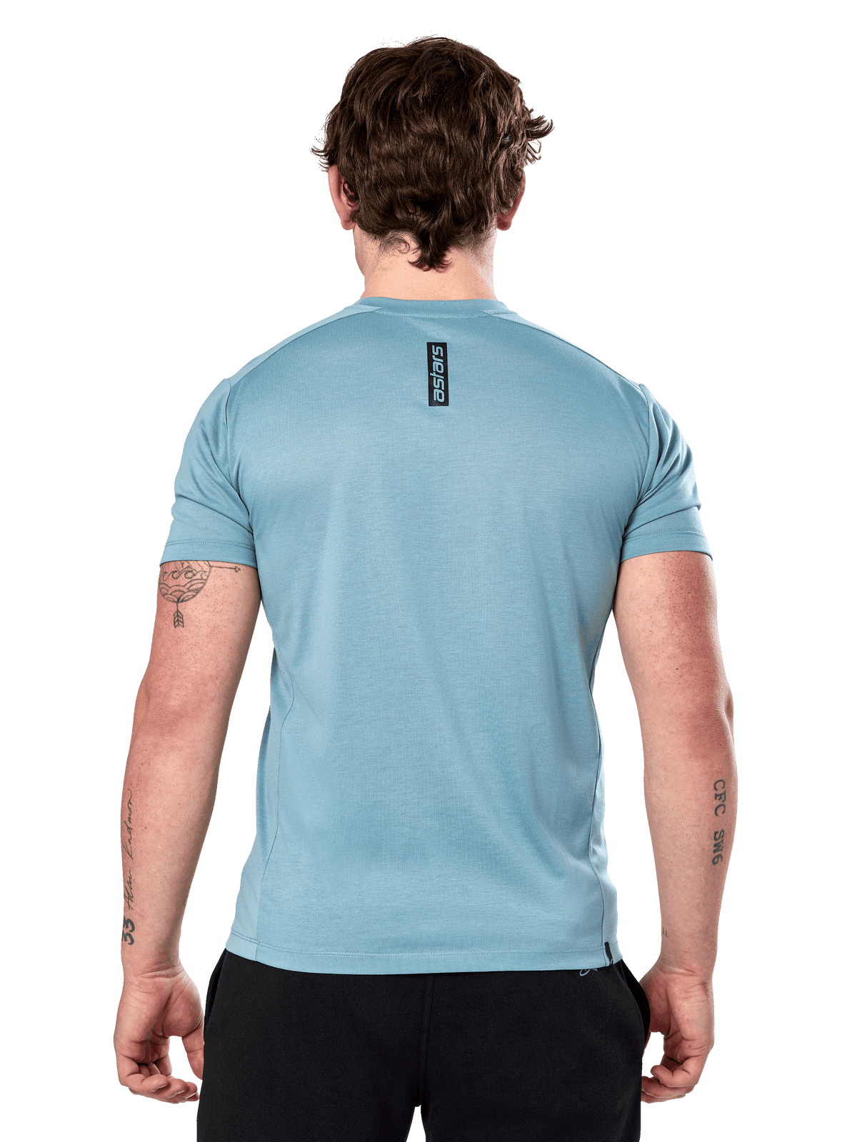 Alpinestars Point Performance Tee – Kurzarm, Eisblau, Rückansicht mit kleinem vertikalem schwarzem „astars“-Schriftzug am oberen Rücken, feuchtigkeitsableitendes Performance-Material, lässige Sportbekleidung